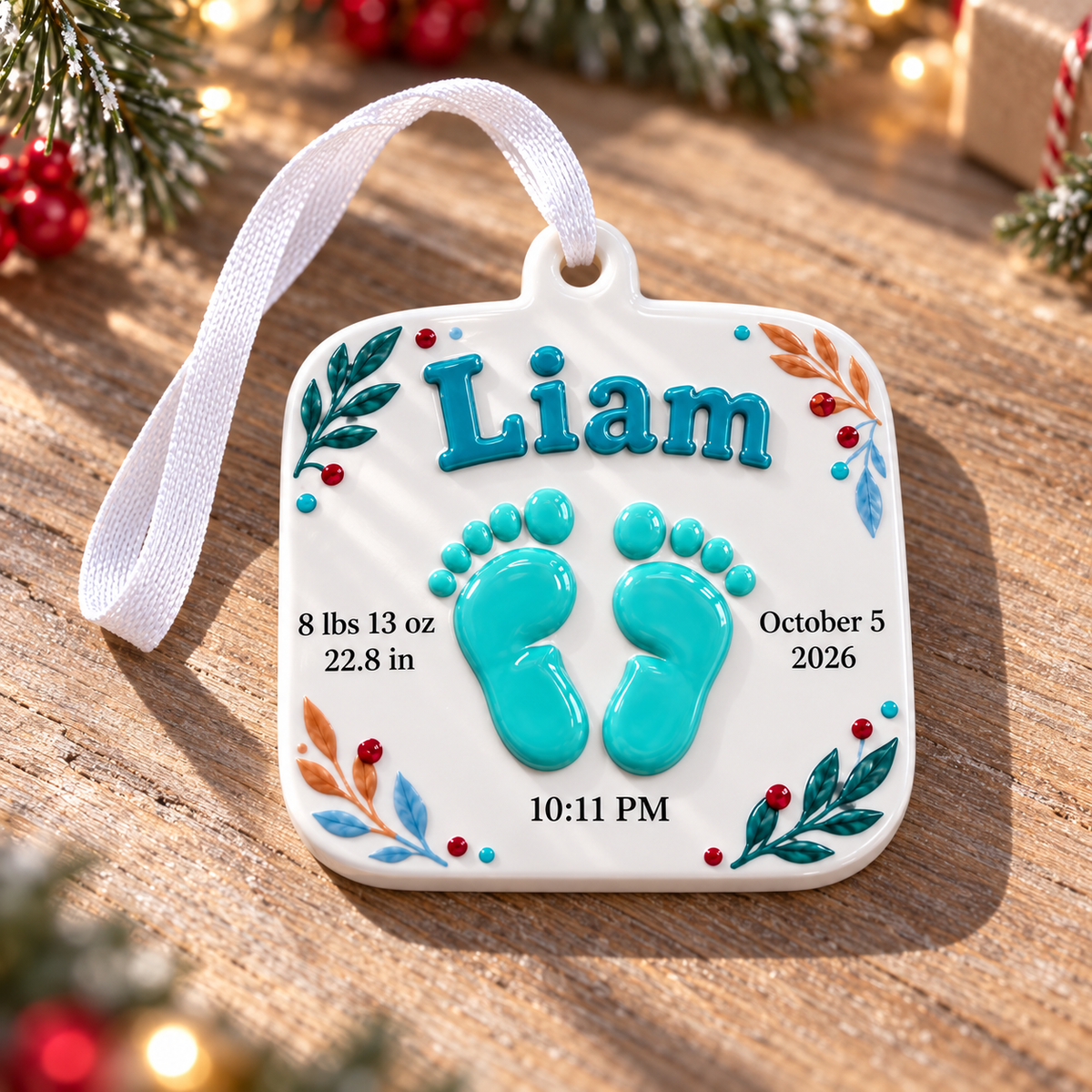 Baby Footprint Birth Stats Hanging Keepsake, Newborn White Holiday Plaque - 3D Relief Ornament