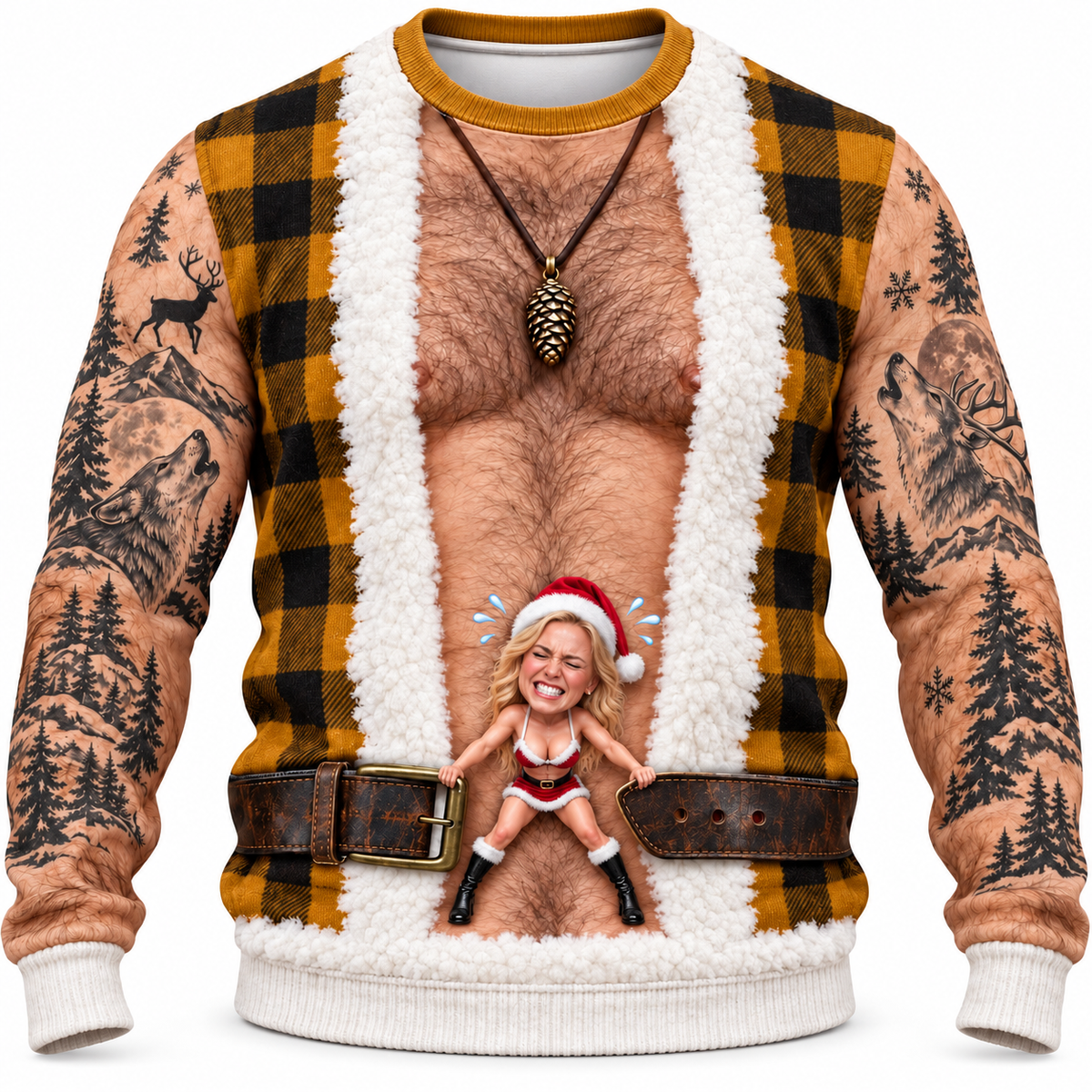 Funny Christmas Sweatshirt Hairy Chest Plaid Vest Tattoo Graphic