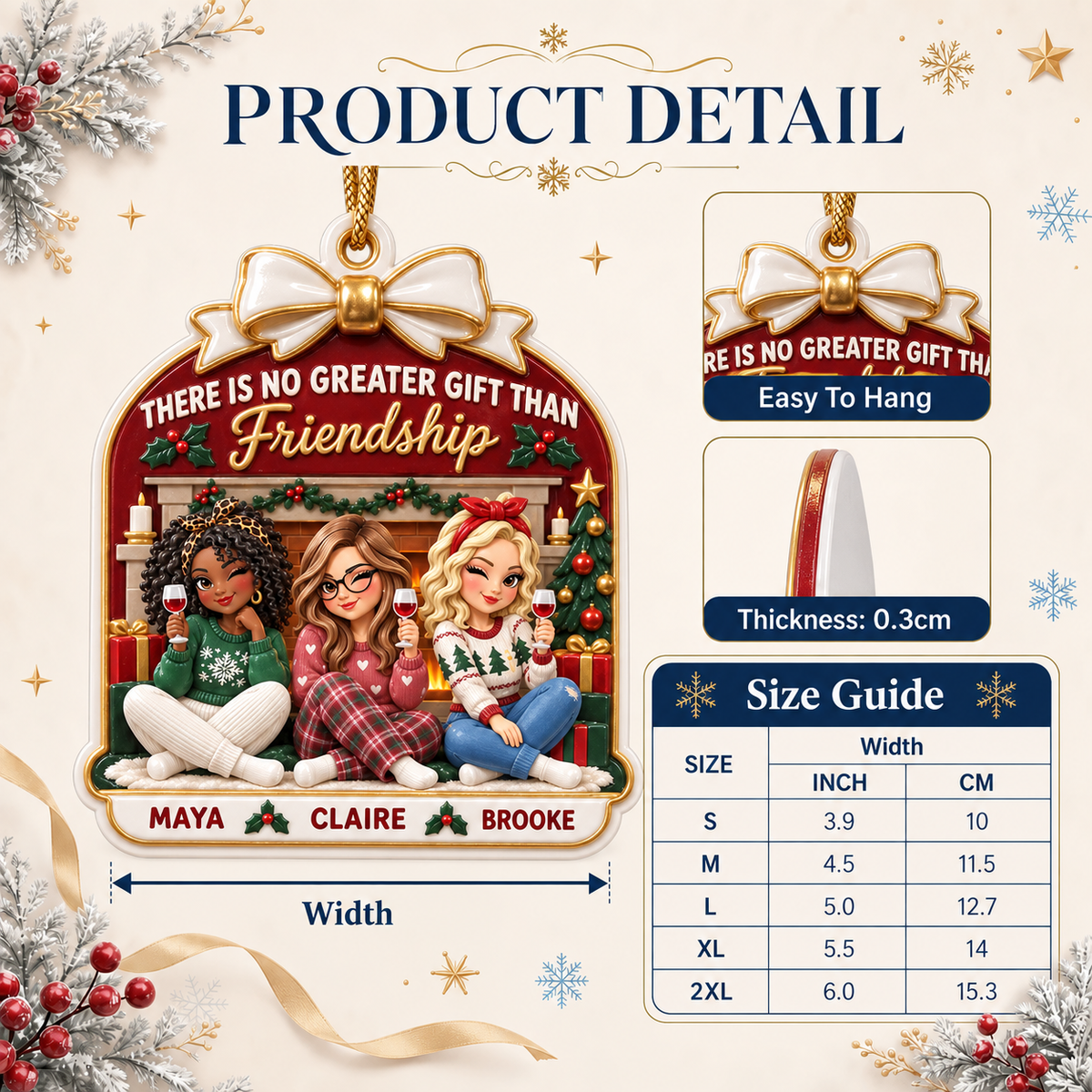 Christmas Tree Hanging Plaque with Friends Wine Fireplace Scene - 3D Relief Ornament