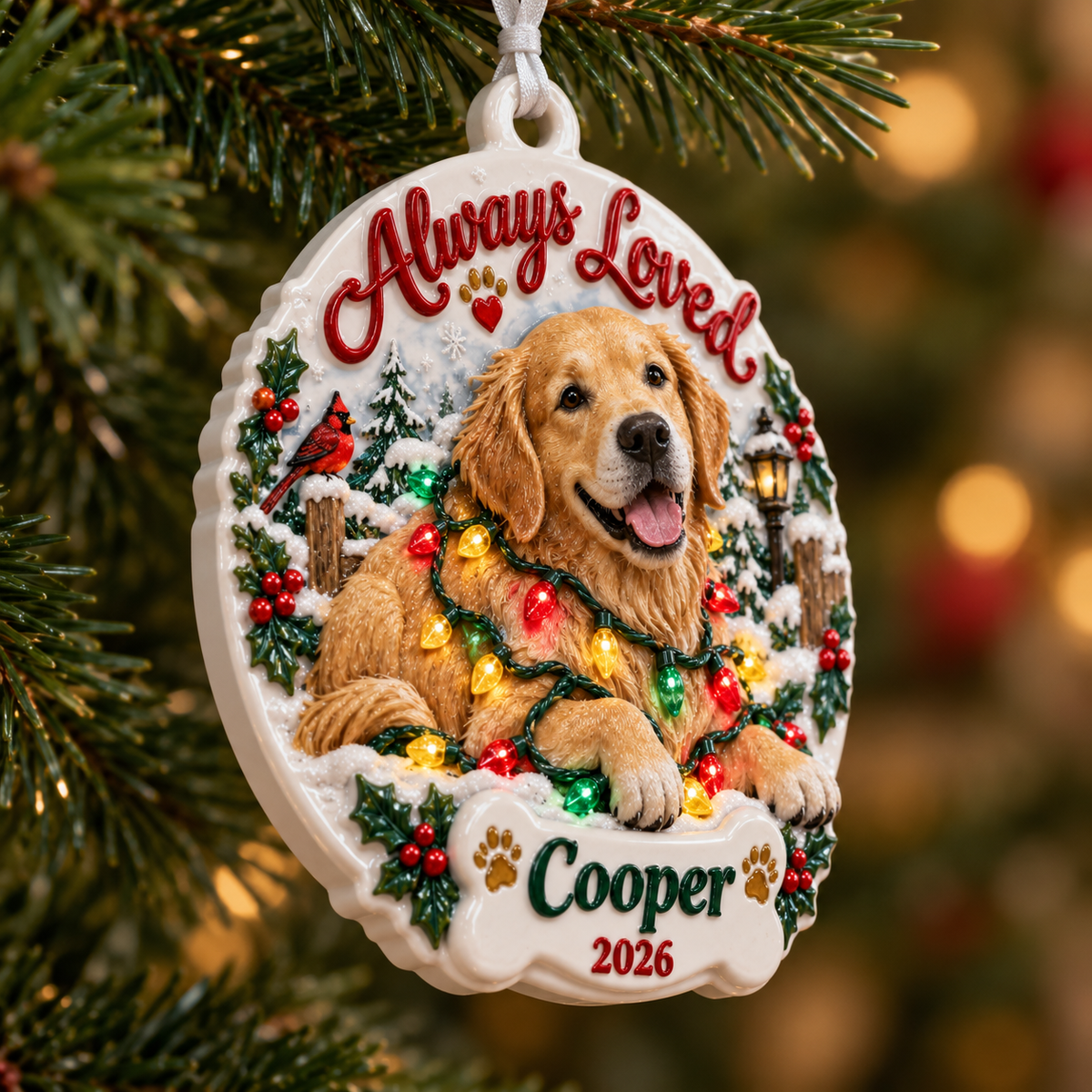 Golden Retriever Dog Memorial Winter Scene Ceramic Holiday Keepsake - 3D Relief Ornament