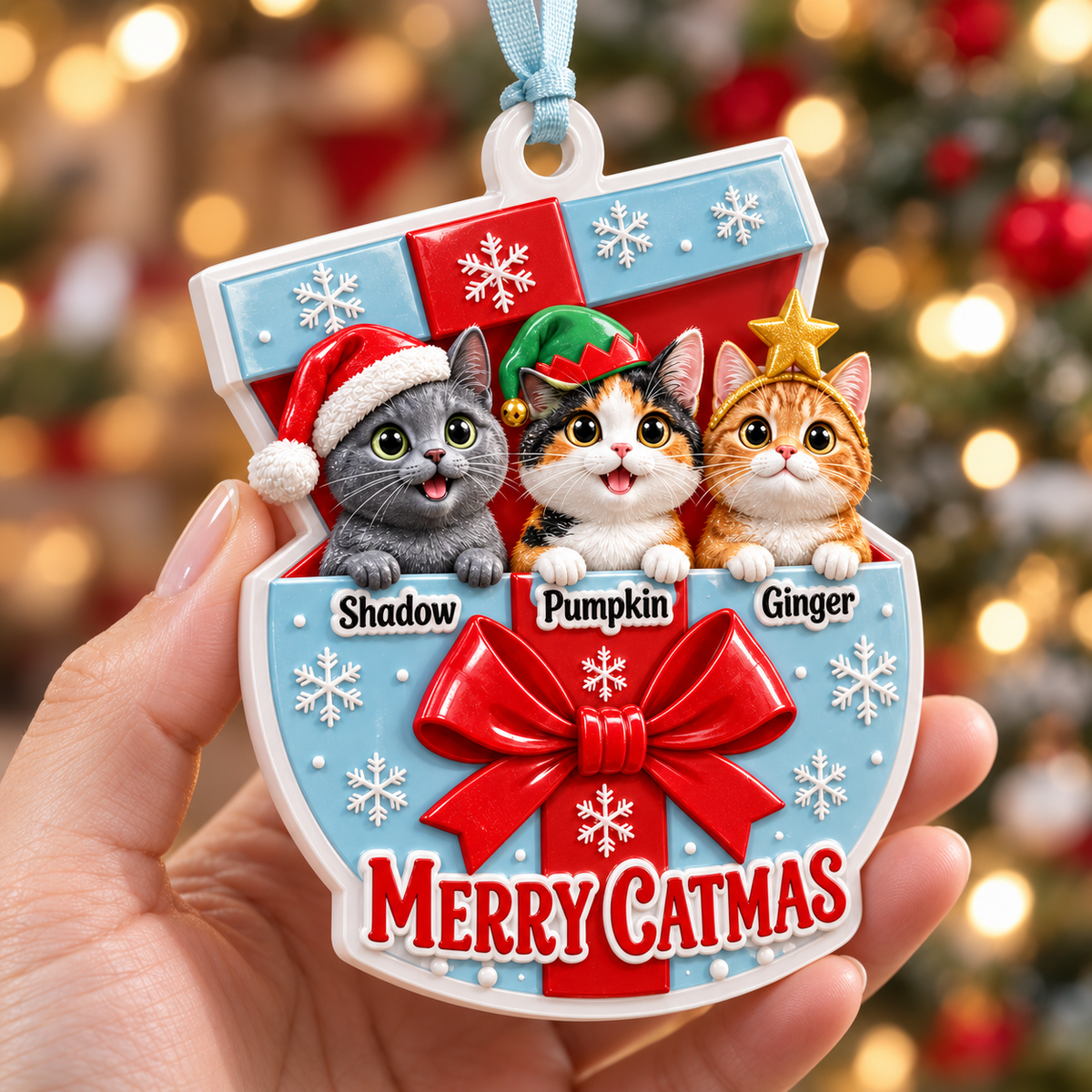 Holiday Cat Trio in Present Box Christmas Tree Pendant, Snowflake Bow Keepsake - 3D Relief Ornament