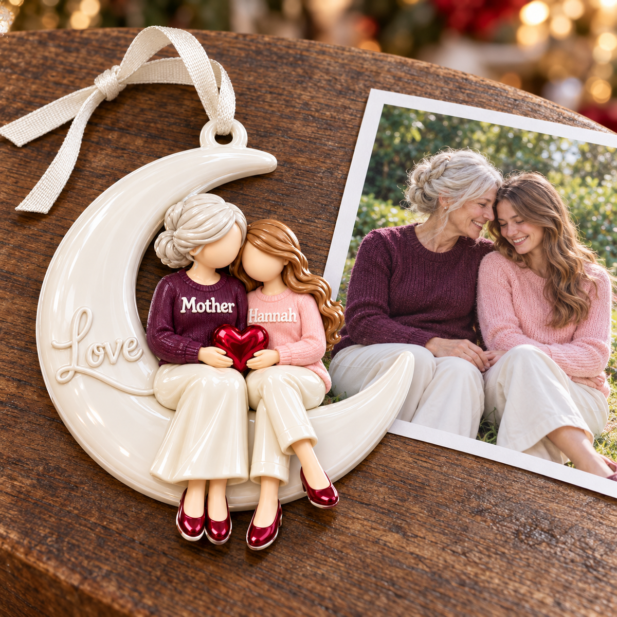 Mother and Daughter Crescent Moon Hanging Figurine - 3D Relief Ornament