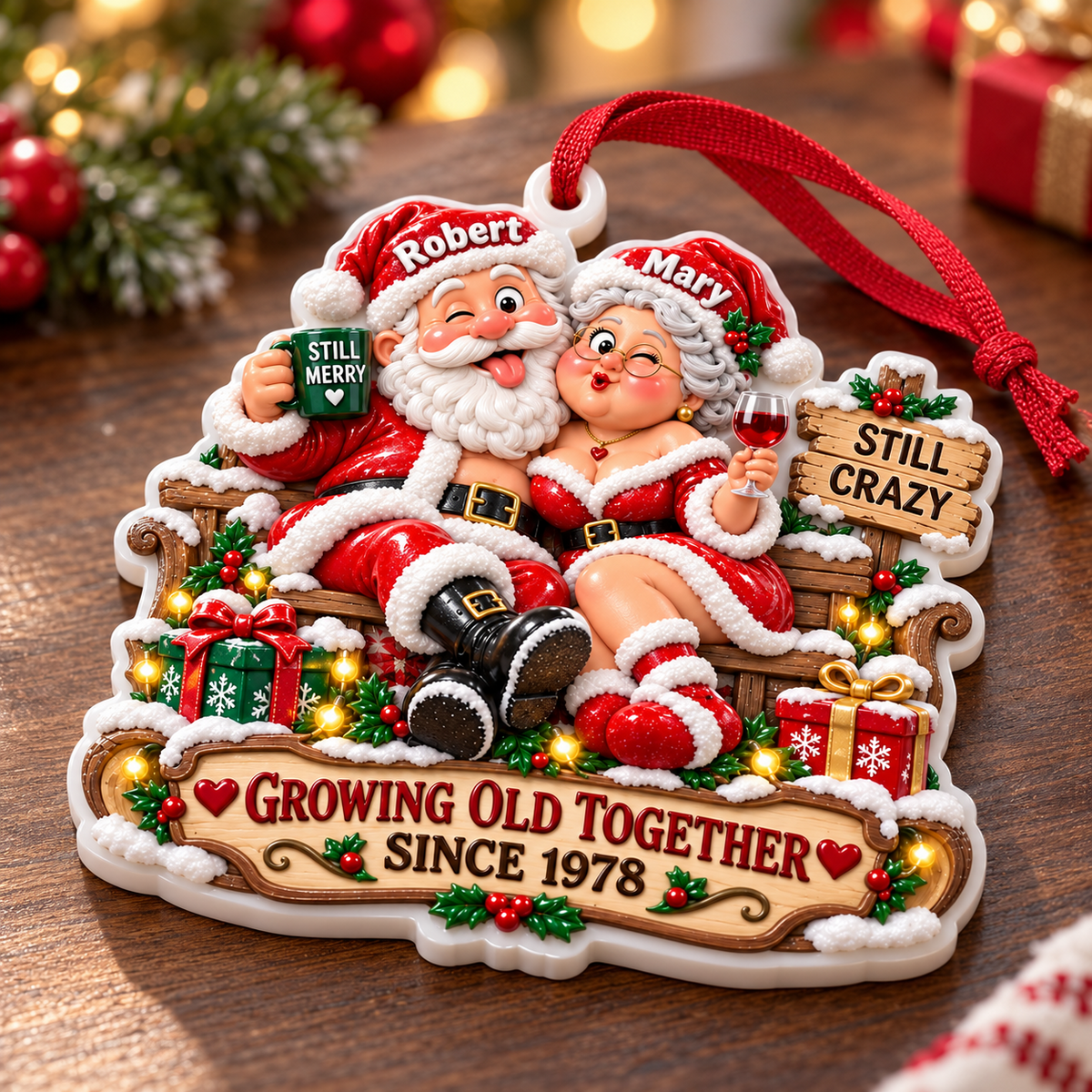Santa Couple Christmas Hanging Keepsake with Growing Old Together Banner - 3D Relief Ornament