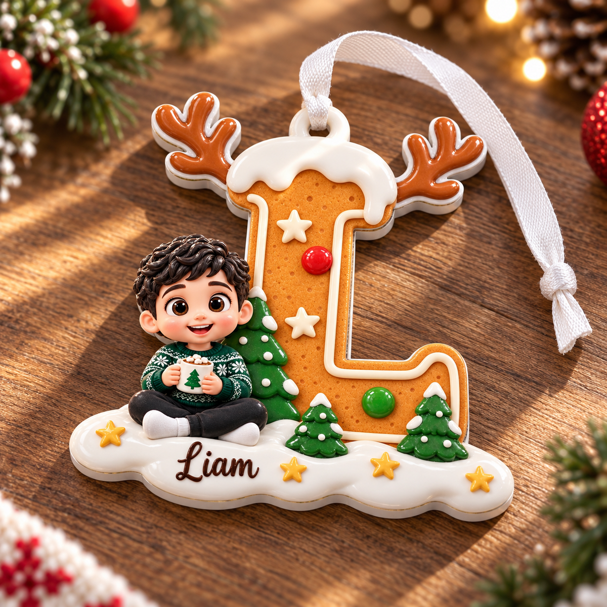 Gingerbread Letter L Holiday Tree Hanging Decor with Reindeer Antlers and Snow - 3D Relief Ornament
