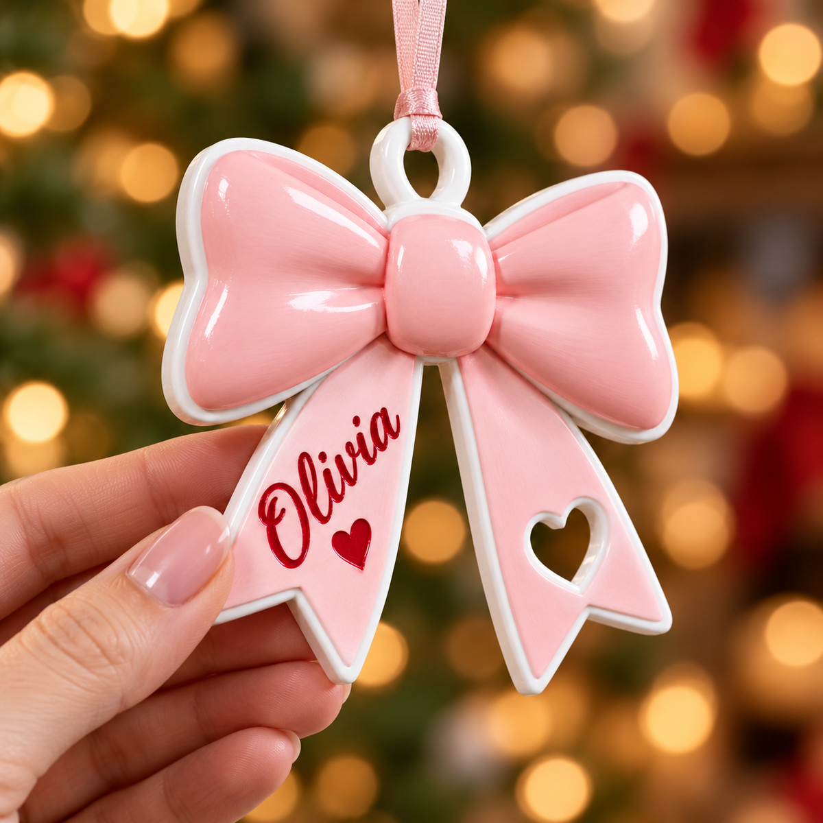 Coquette Pink Ribbon Bow Holiday Tree Keepsake with Heart Cutout - 3D Relief Ornament