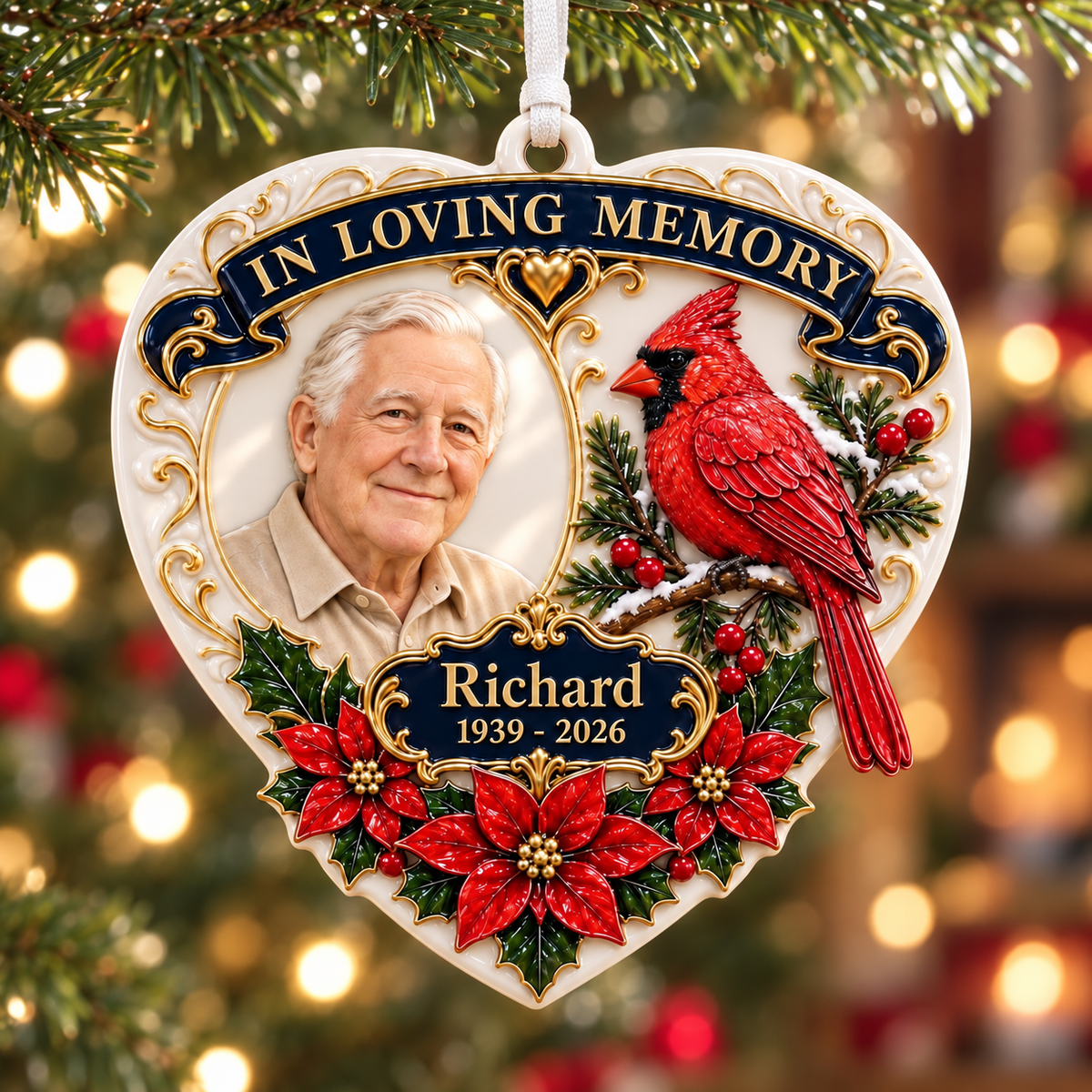 Heart Memorial Keepsake with Red Cardinal and Poinsettia Accents - 3D Relief Ornament