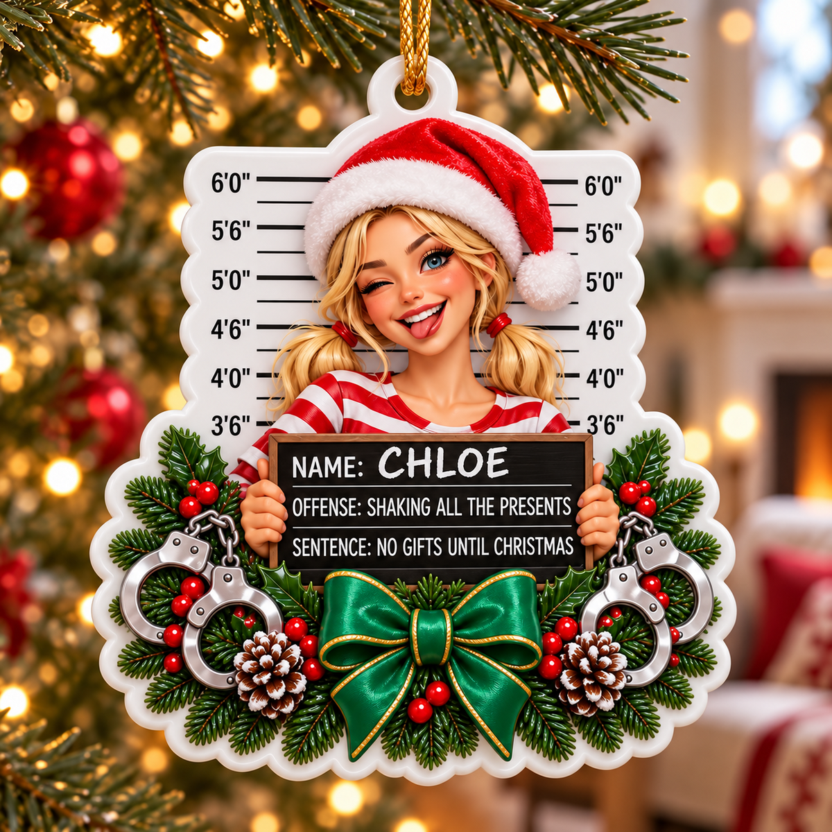Funny Christmas Mugshot Blonde Girl Holiday Tree Decoration - 3D Relief Ornament