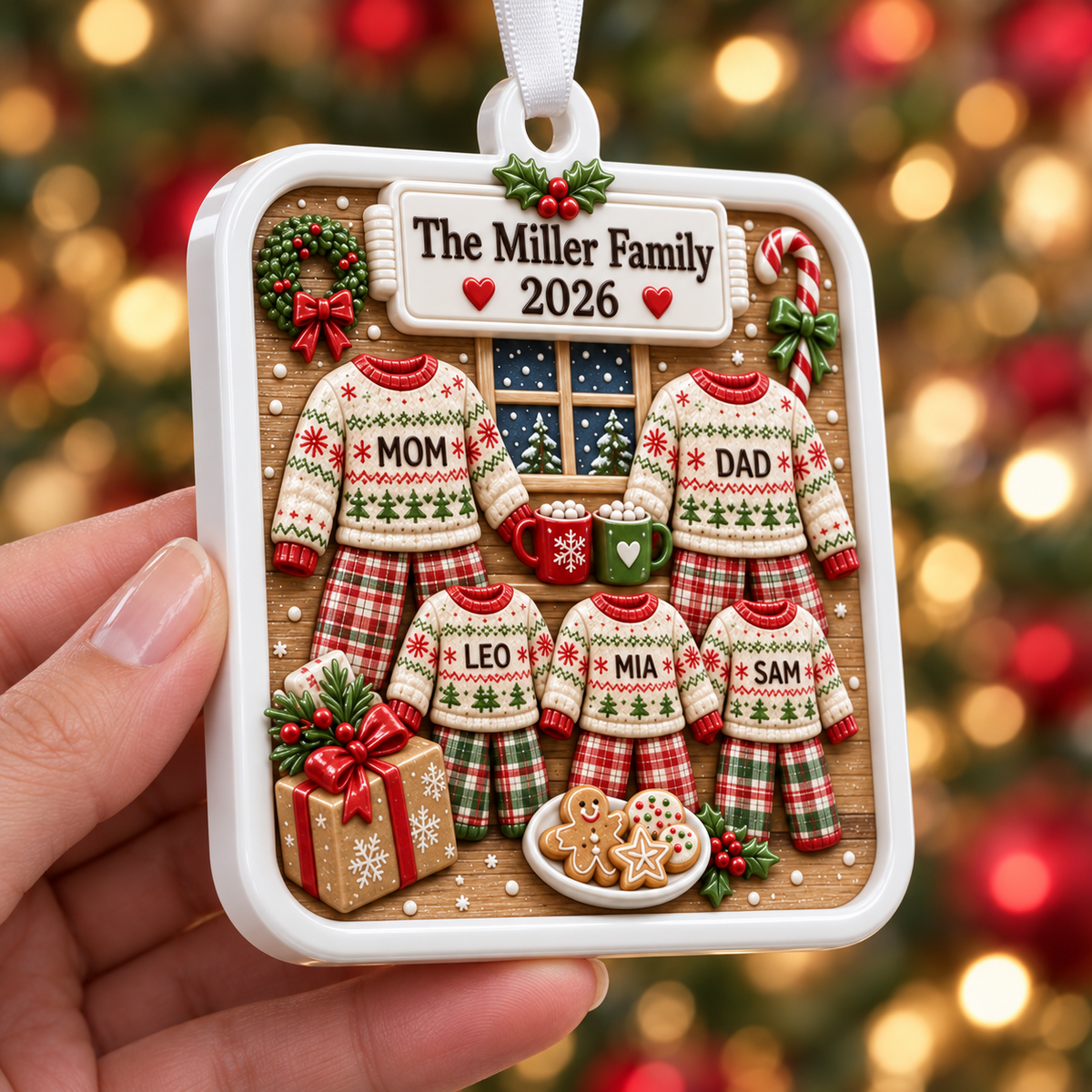 Family Christmas Pajamas Plaque with Sweaters and Cookies Holiday Keepsake - 3D Relief Ornament