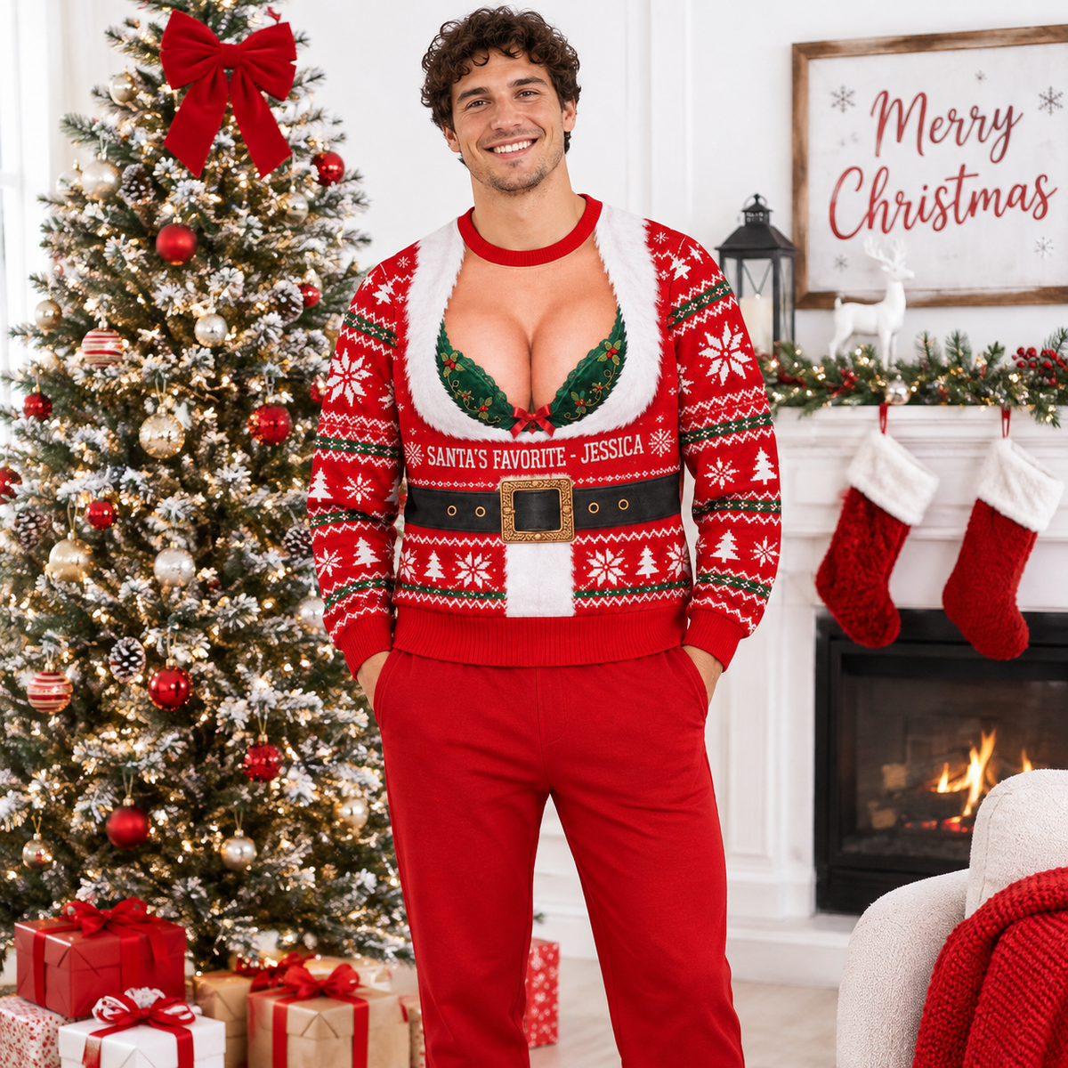 Ugly Christmas Sweatshirt Faux Cleavage Bra Graphic Gag Pullover