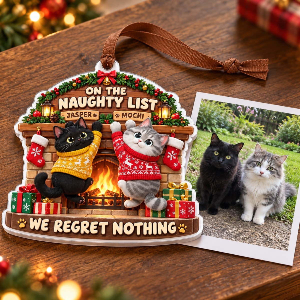 Naughty Cats at Fireplace Mantel Christmas Tree Hanging Decor - 3D Relief Ornament