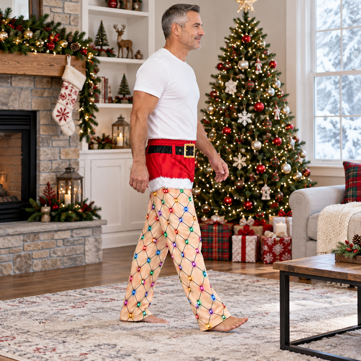 Funny Christmas Pajama Pants String Lights Print Lounge Bottoms