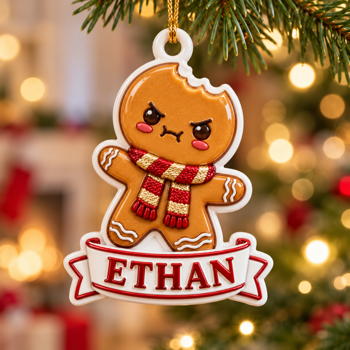 Bitten Gingerbread Cookie Banner White Ceramic Holiday Tree Decor - 3D Relief Ornament
