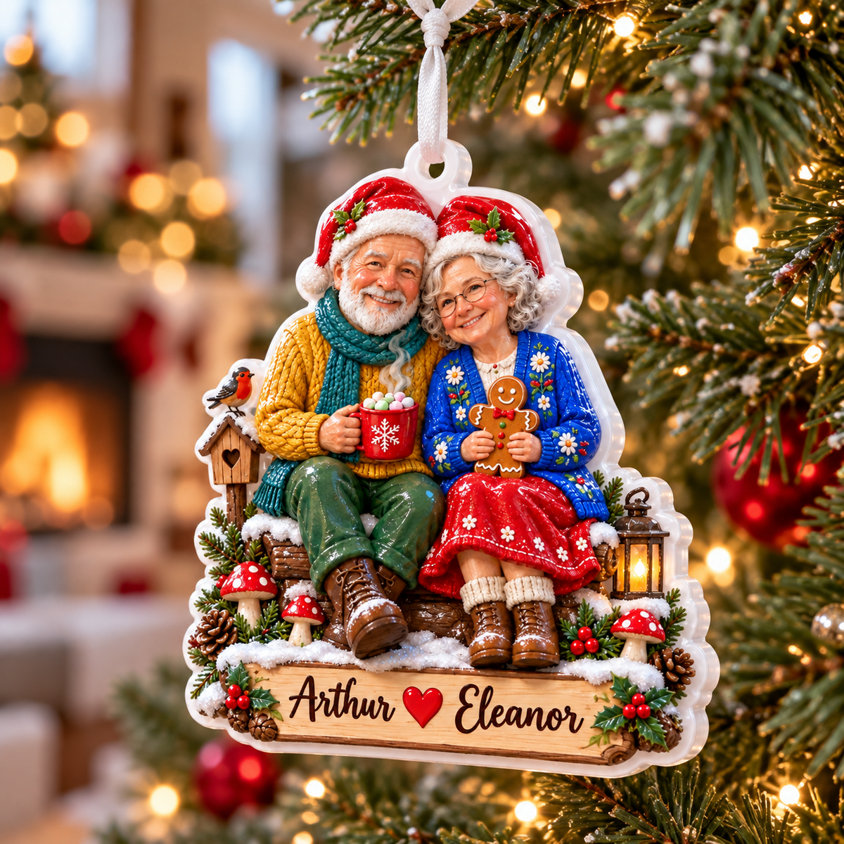 Elderly Couple Sitting on Log Winter Christmas Scene Hanging Acrylic Plaque - 3D Relief Ornament