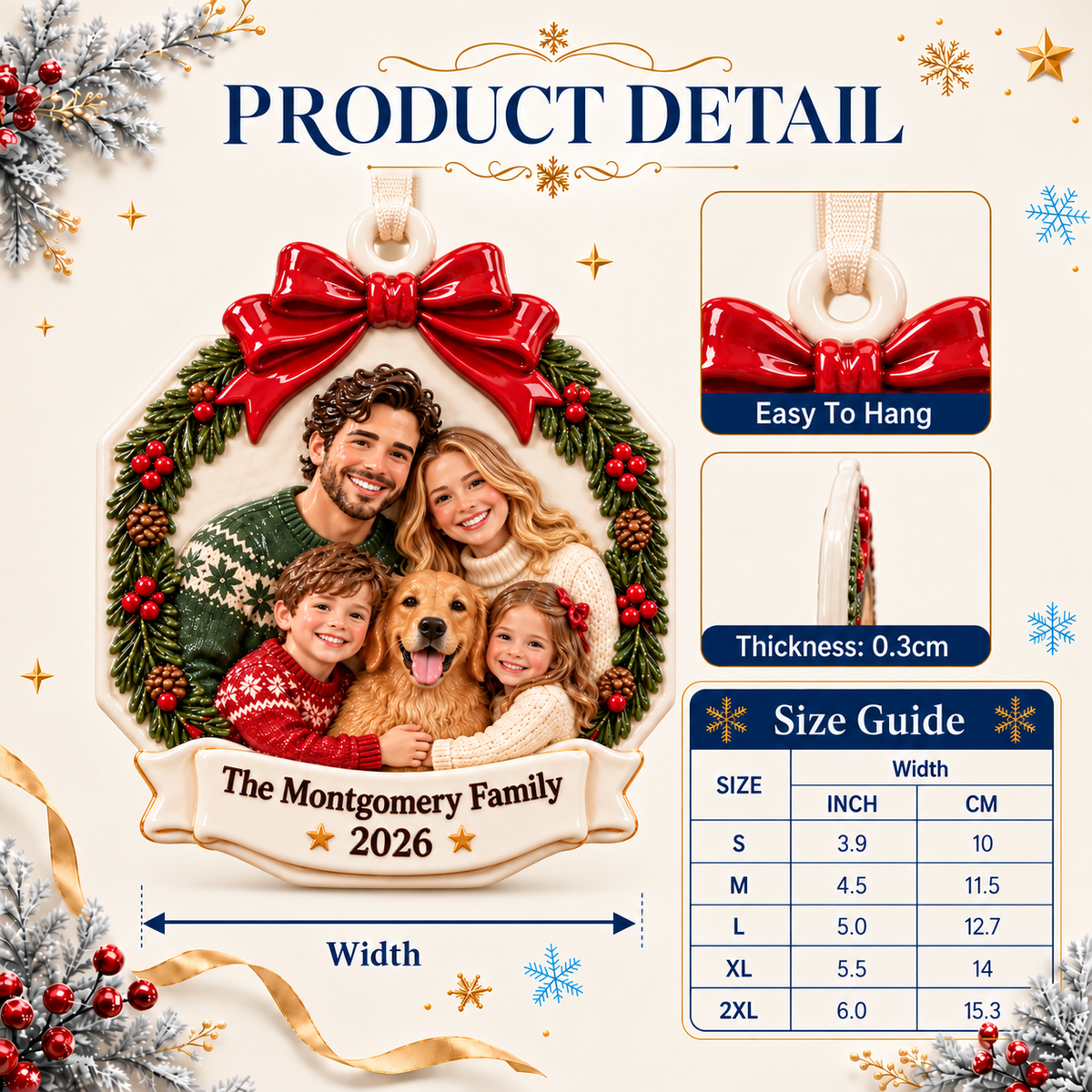 Family Portrait with Dog Wreath and Red Bow Ceramic Keepsake - 3D Relief Ornament
