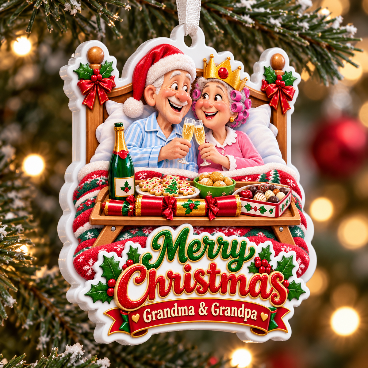 Grandma And Grandpa Breakfast In Bed Merry Christmas Holiday Keepsake - 3D Relief Ornament