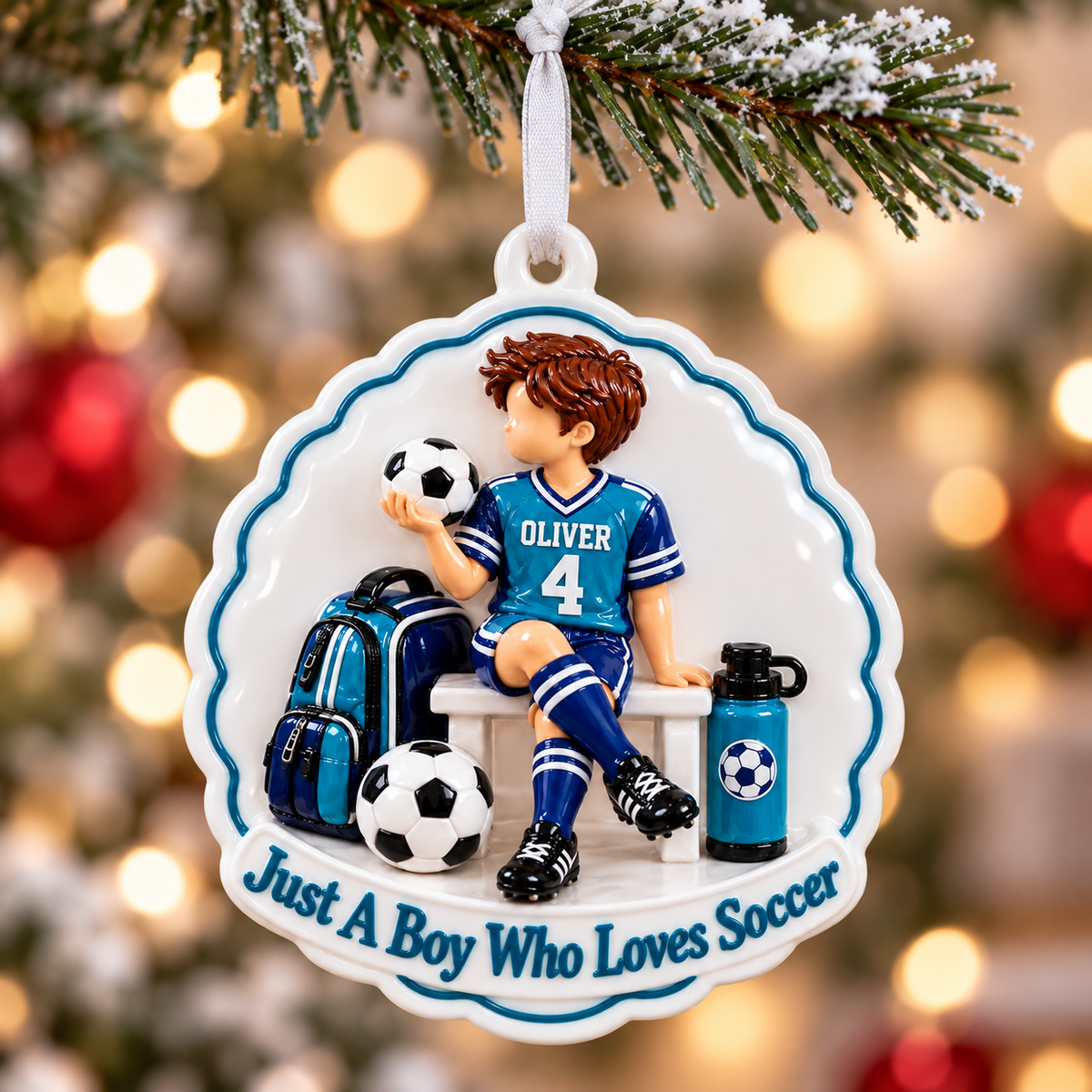 Soccer Boy Player Bench Holiday Keepsake with Scalloped Edge - 3D Relief Ornament