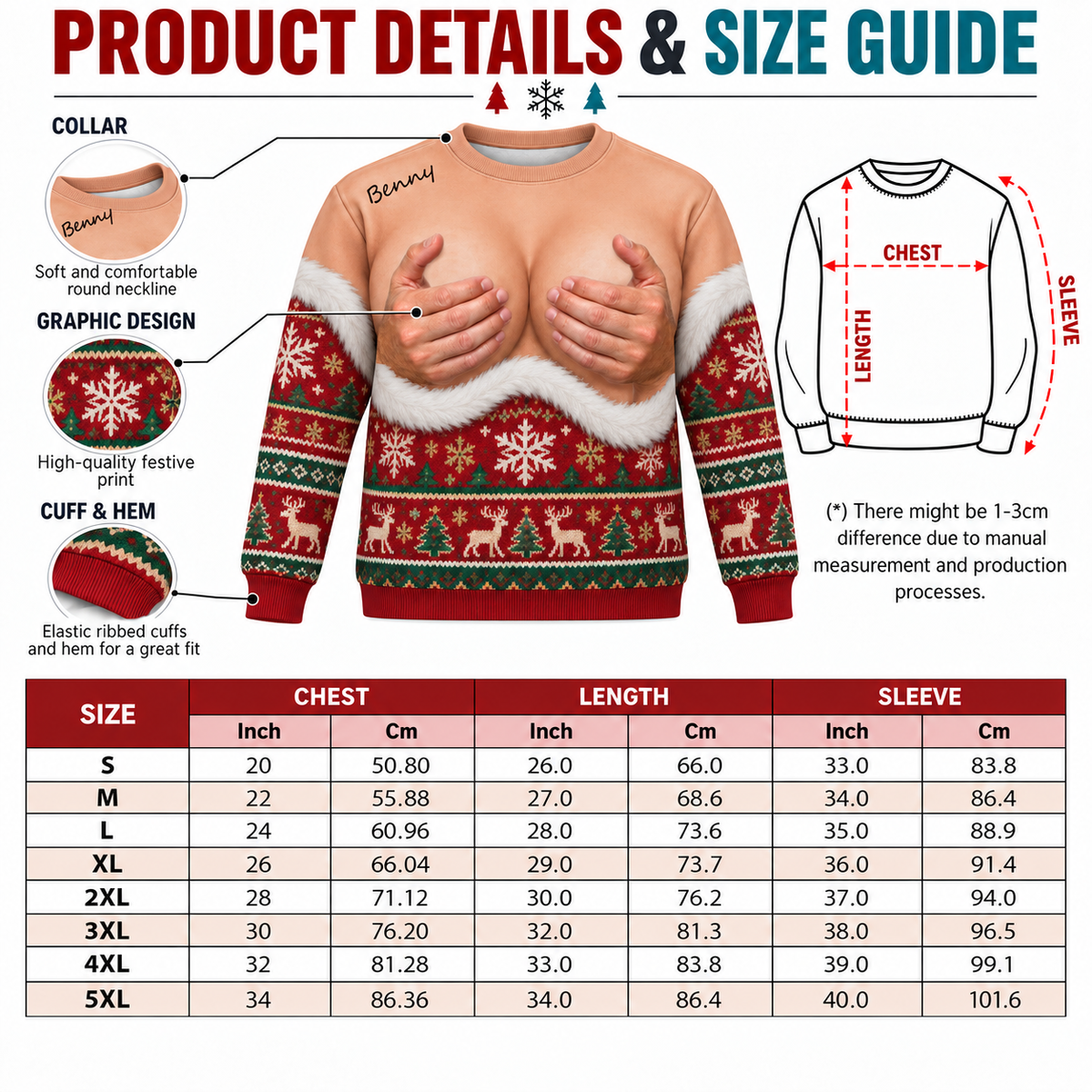 Crewneck Sweatshirt Ugly Christmas Novelty Chest Illusion Print