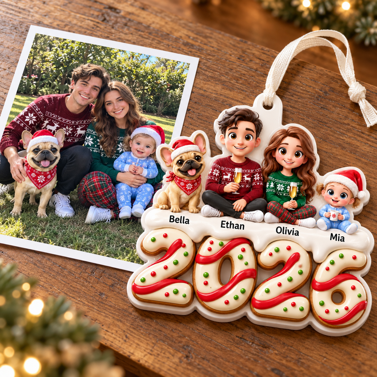 Family of Three with Dog 2026 Gingerbread Theme Christmas Tree Hanging Keepsake - 3D Relief Ornament