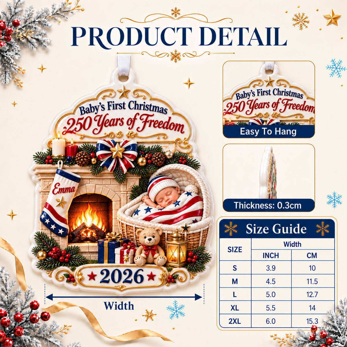 Baby's First Christmas 2026 Patriotic Fireplace Holiday Keepsake - 3D Relief Ornament