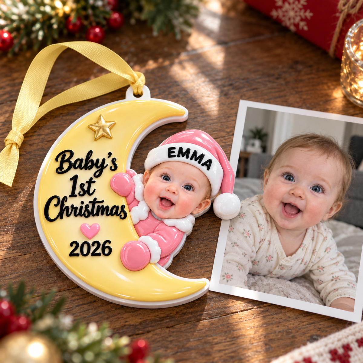 Baby First Christmas Crescent Moon Hanging Keepsake, Pink Holiday Tree Pendant - 3D Relief Ornament