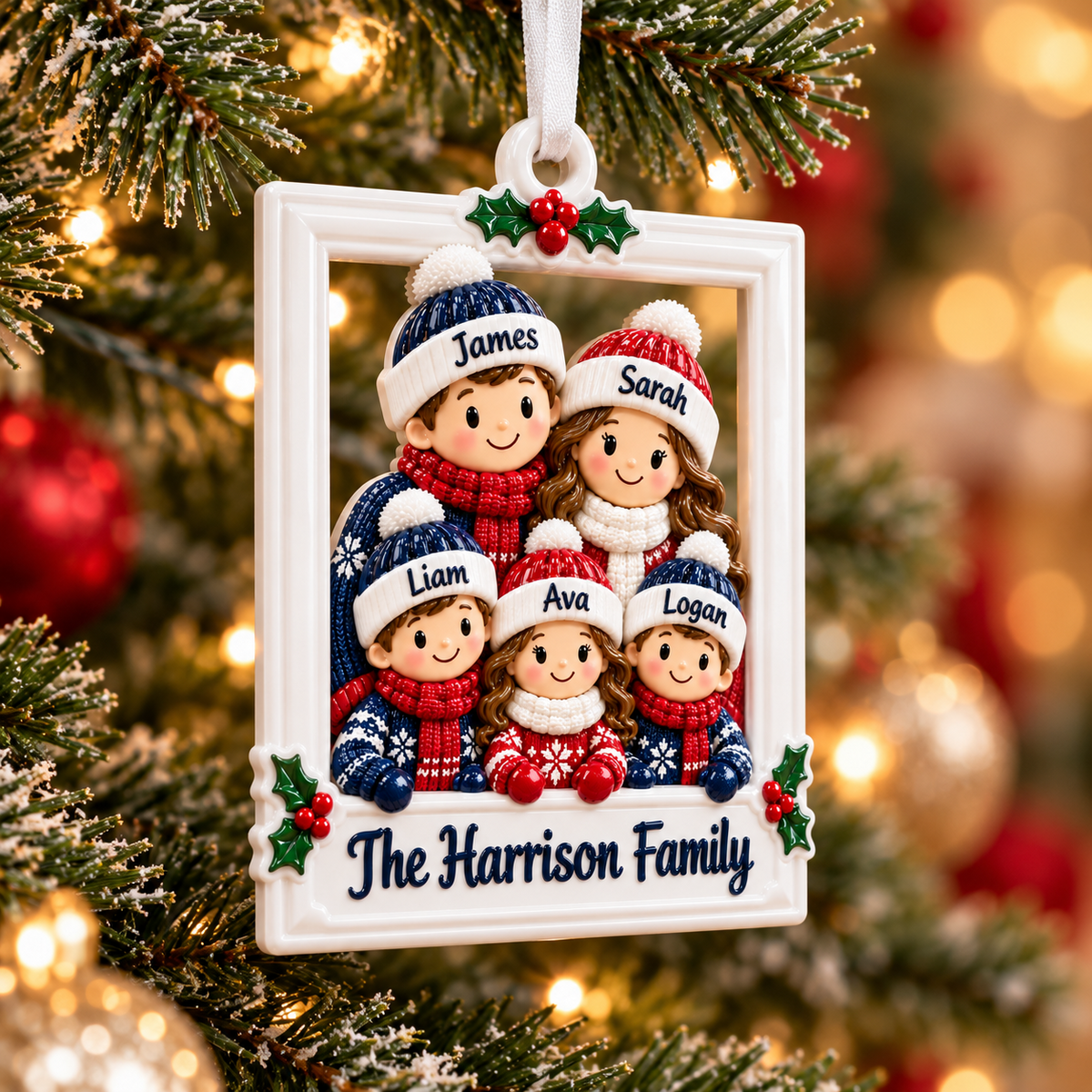 Christmas Family of 7 Winter Beanie Picture Frame Holiday Hanging - 3D Relief Ornament