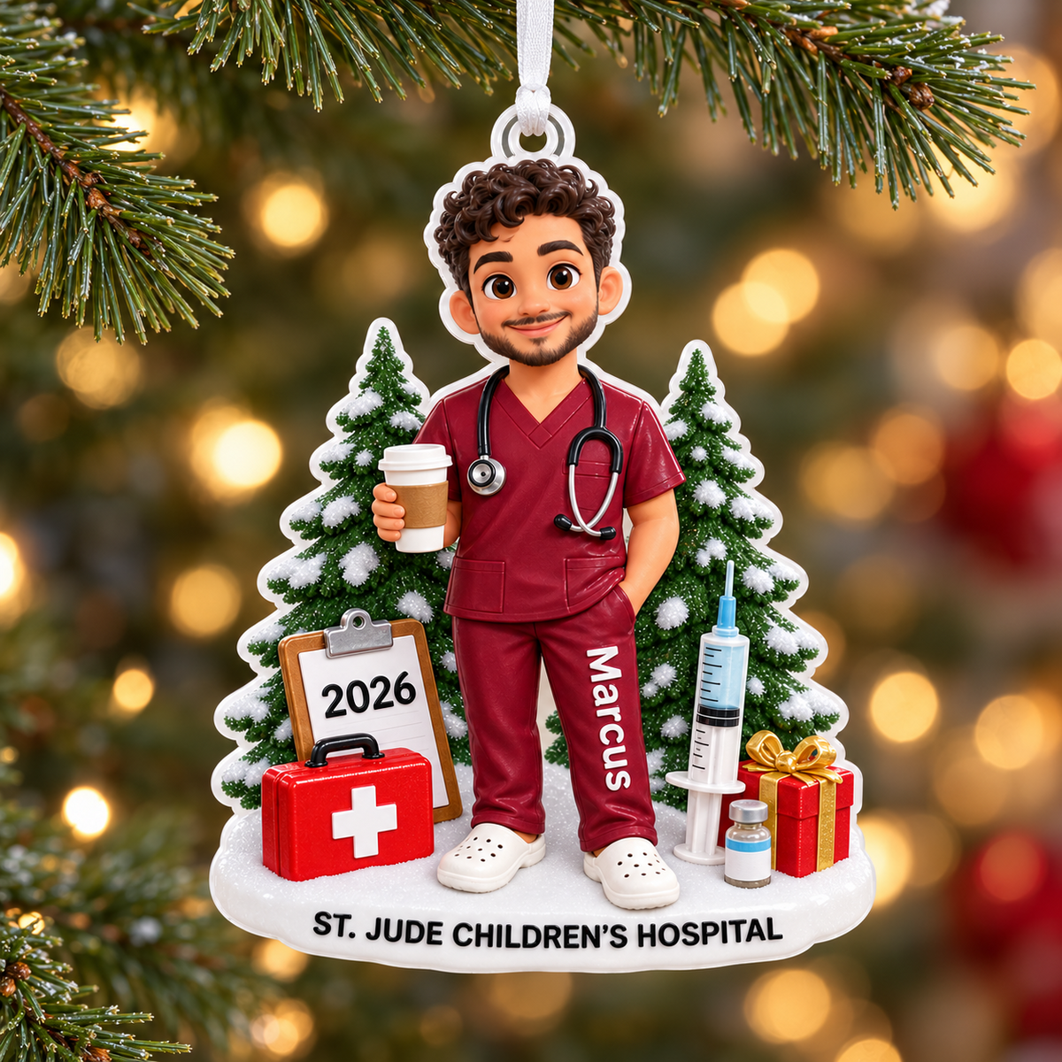 Male Nurse in Maroon Scrubs Healthcare Worker Christmas Tree - 3D Relief Ornament