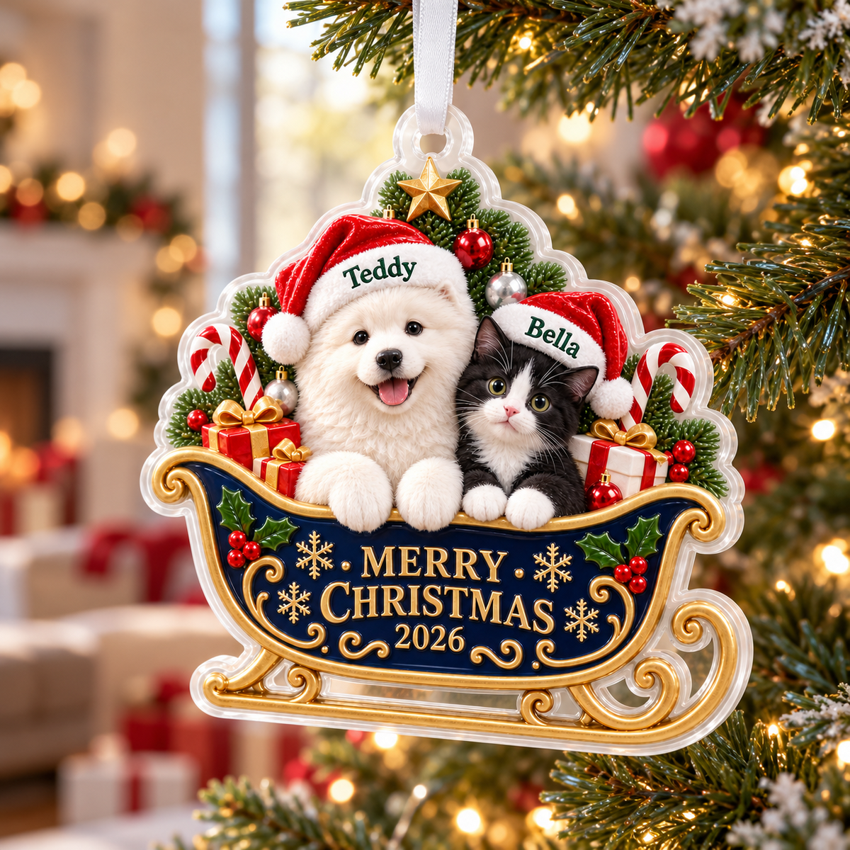 Dog and Cat in Santa Sleigh Acrylic Christmas Holiday Hanging Decoration - 3D Relief Ornament
