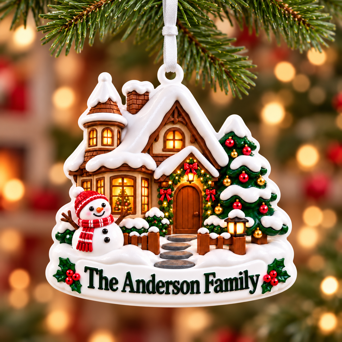 Snowy Winter House with Snowman and Christmas Tree - 3D Relief Ornament