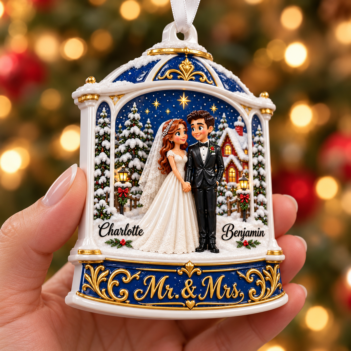 Winter Wedding Couple Mr and Mrs Blue Bell Christmas Tree Keepsake - 3D Relief Ornament