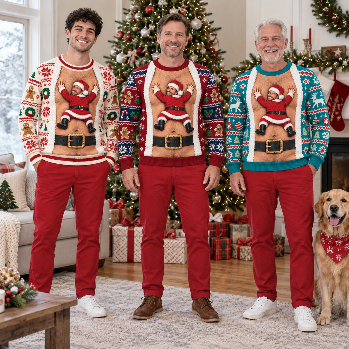Funny Christmas Sweatshirt Hairy Chest Santa Faux Cardigan Crewneck