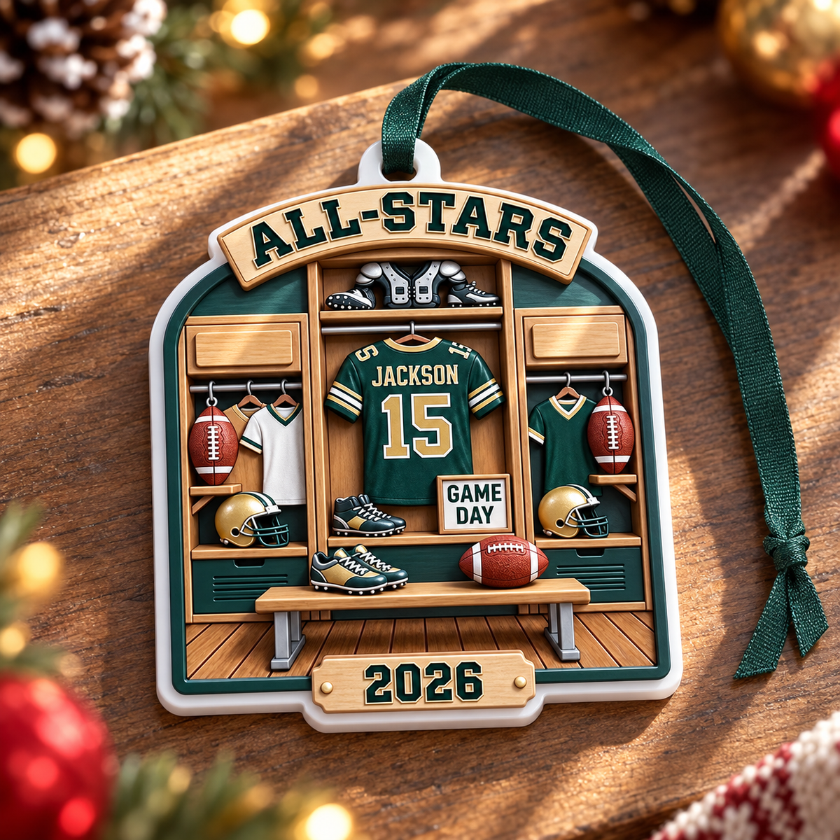 Football Locker Room Holiday Keepsake, Green and Gold Sports Gear Design - 3D Relief Ornament