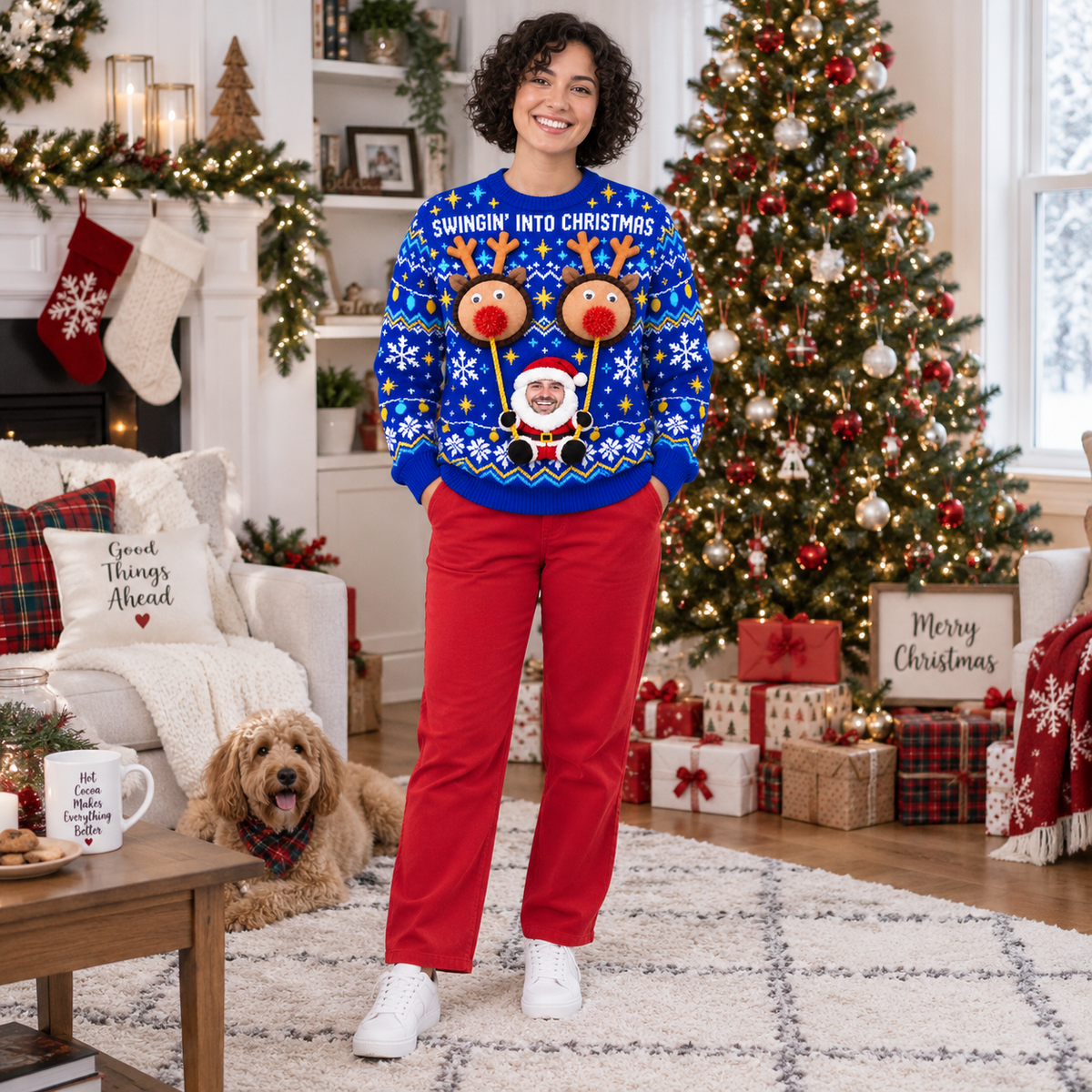 Ugly Christmas Sweater Swingin Reindeer Santa Long Sleeve Knit Top