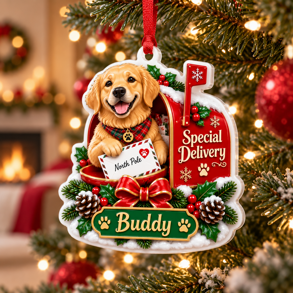 Golden Retriever Dog Christmas Mailbox Special Delivery - 3D Relief Ornament