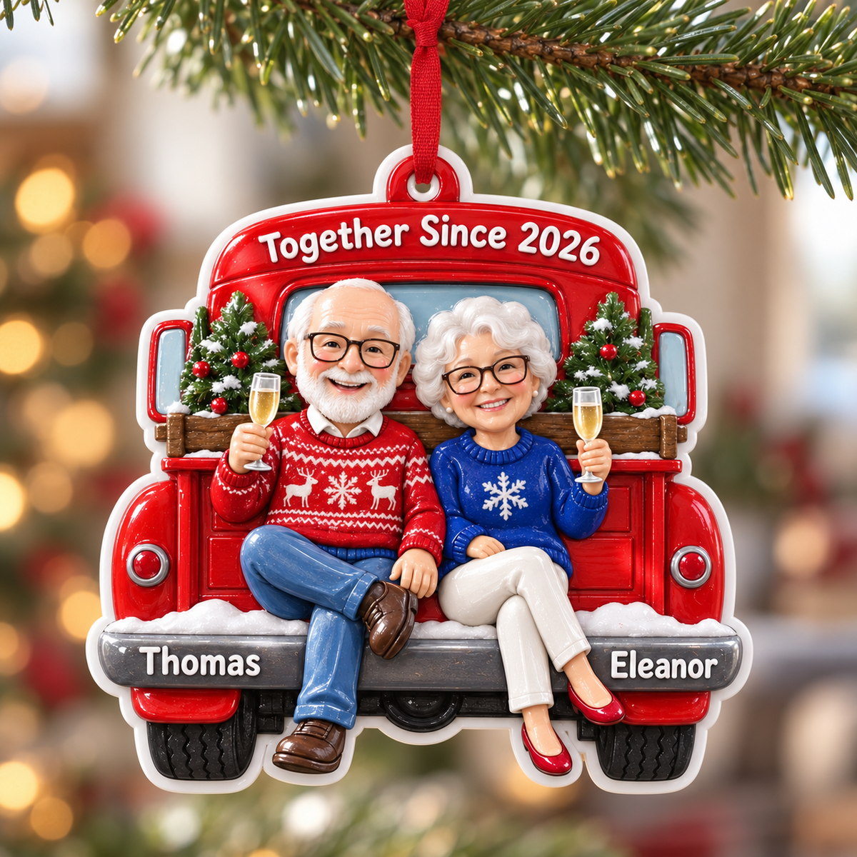 White Pickup Truck Silhouette Christmas Tree Hanging Keepsake Plaque - 3D Relief Ornament