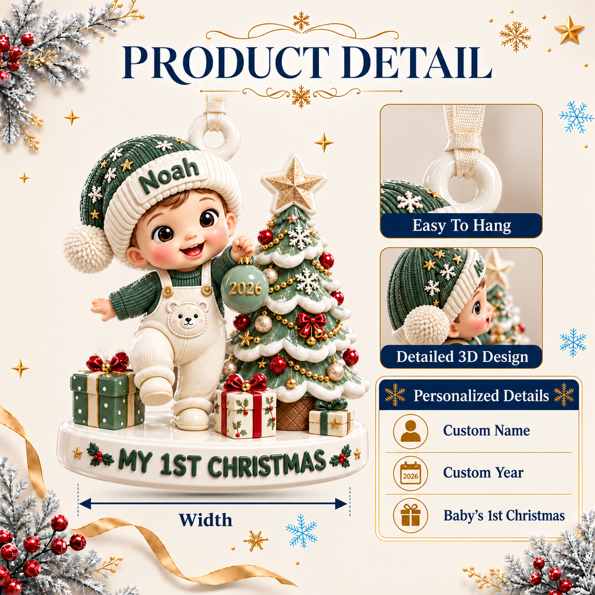 Baby Boy First Christmas Tree Scene Polyresin Figurine Keepsake - 3D Relief Ornament