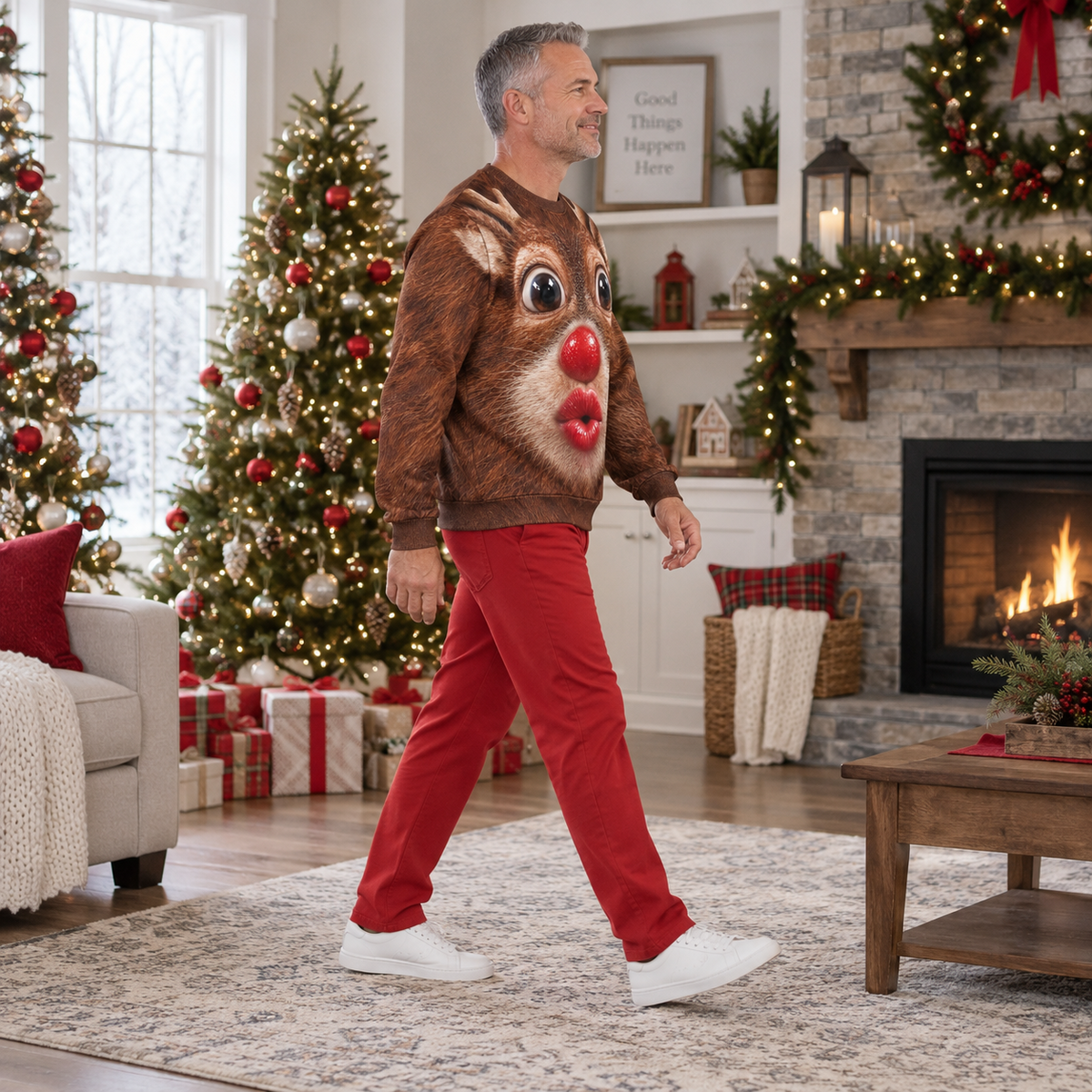 Funny Christmas Sweatshirt 3D Kissing Face Holiday Character Pullover