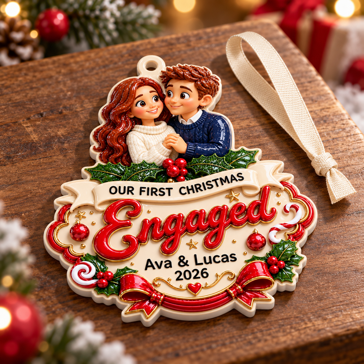 Our First Christmas Engaged Couple Portrait Holiday Keepsake - 3D Relief Ornament
