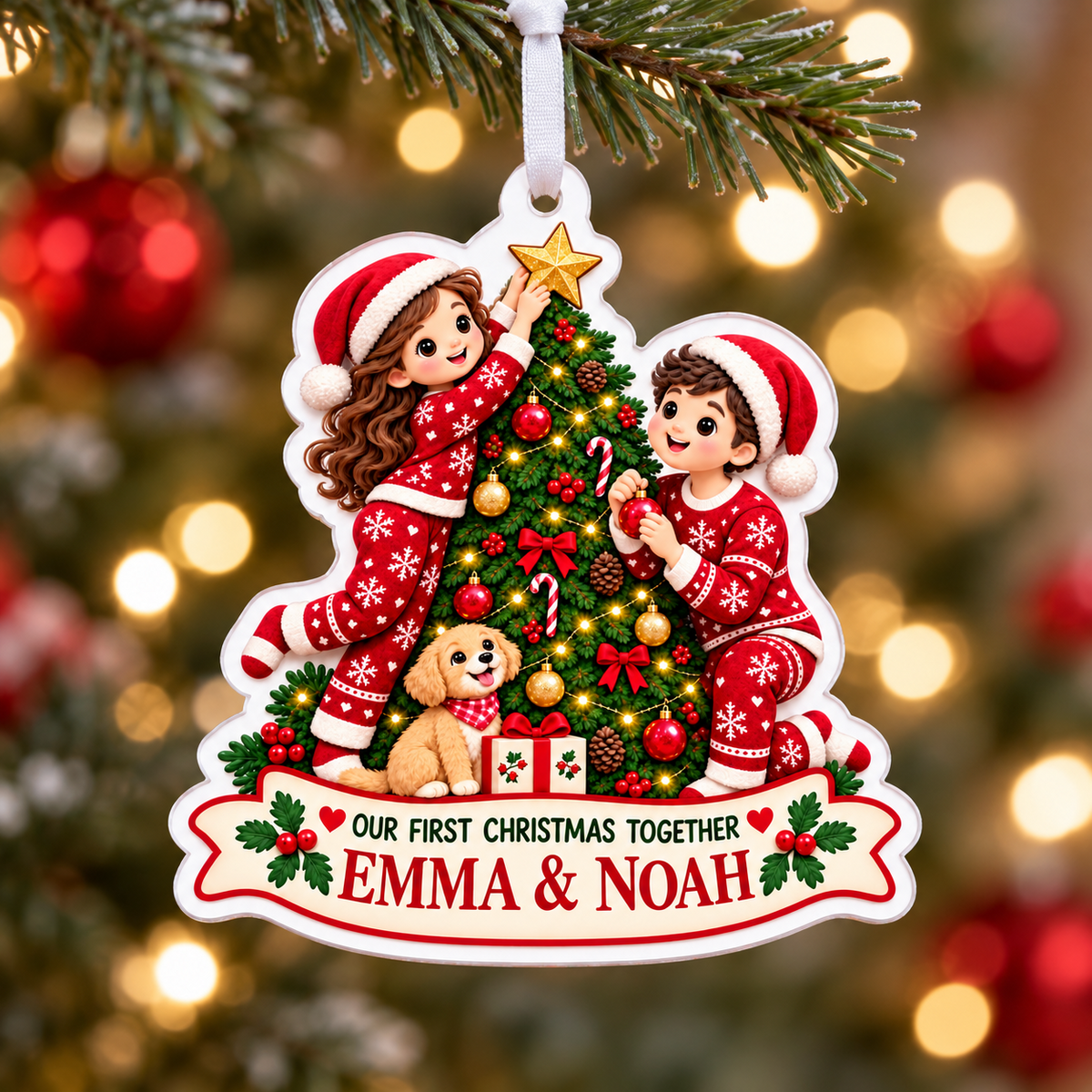 Couple with Puppy Decorating Christmas Tree Holiday Keepsake - 3D Relief Ornament