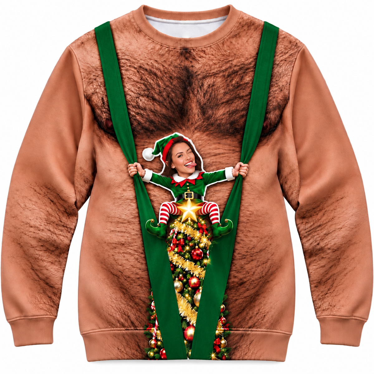 Funny Christmas Sweatshirt, Hairy Chest Elf Graphic Holiday Pullover