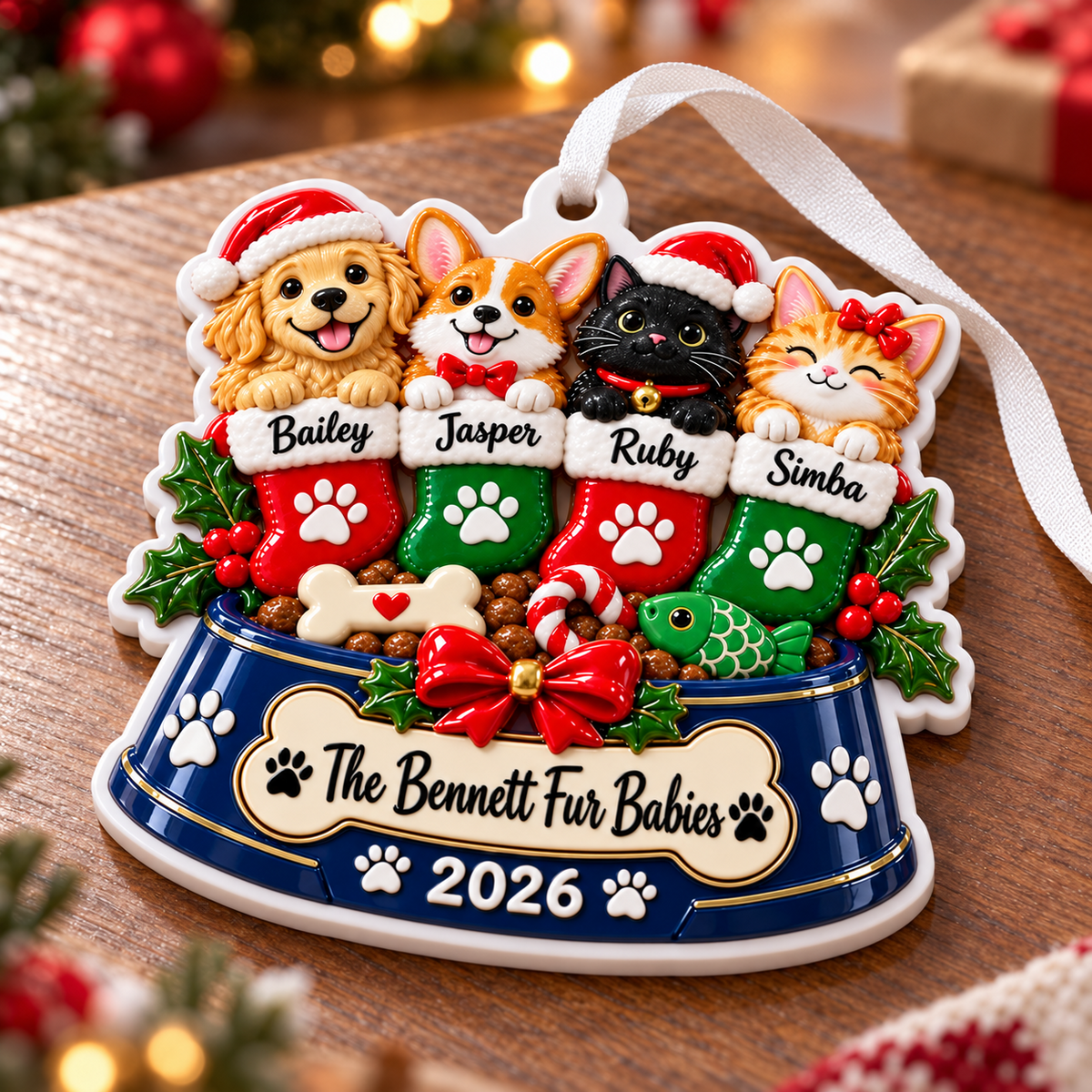 Christmas Pet Bowl with Four Dogs and Cats in Stockings Hanging Decor - 3D Relief Ornament