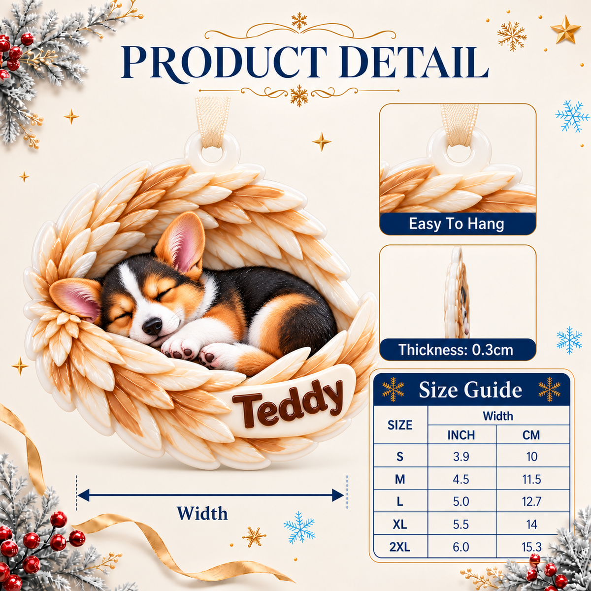 Sleeping Corgi Puppy with Angel Wings Hanging Holiday Keepsake - 3D Relief Ornament