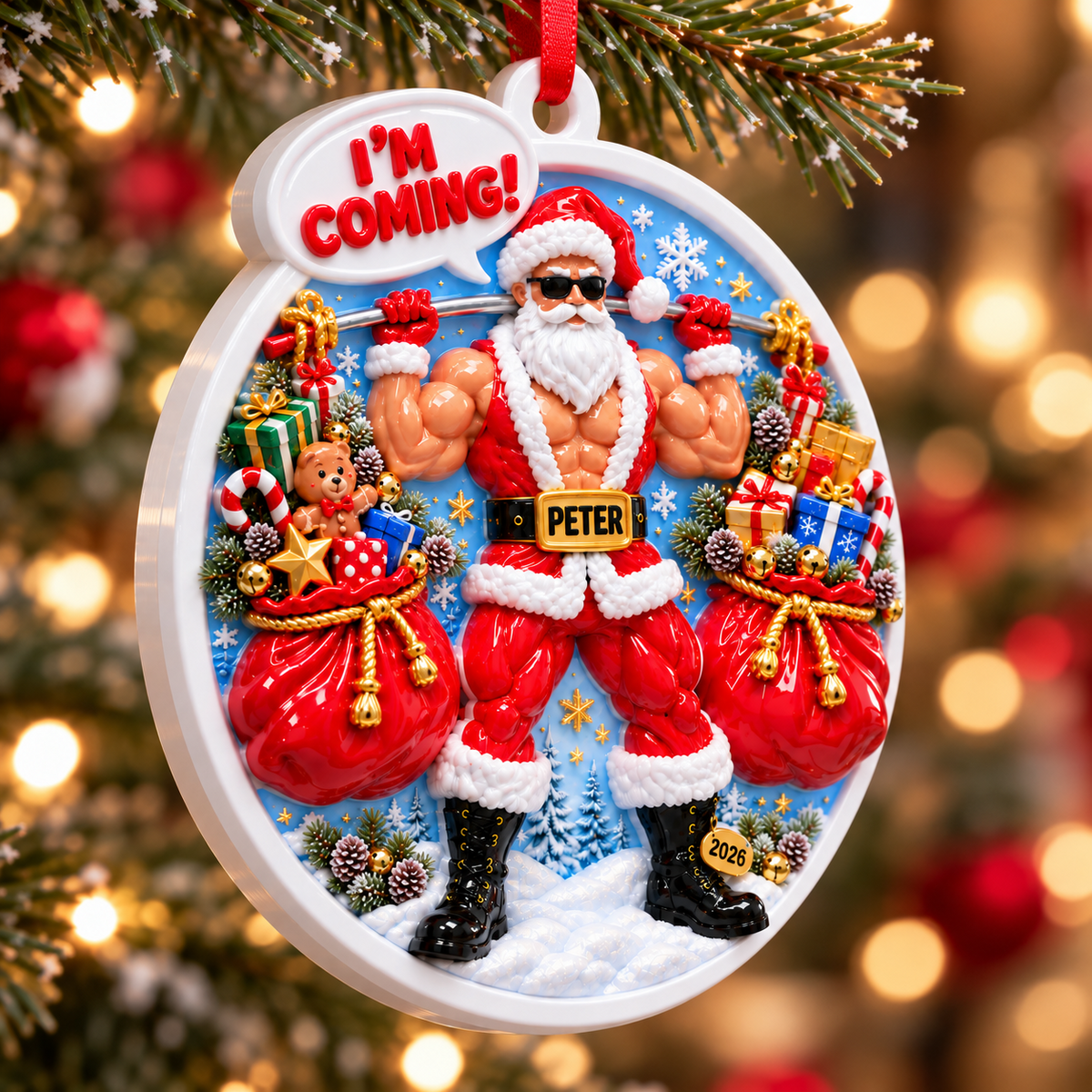 Muscular Weightlifting Santa Claus Round Acrylic Holiday Tree Hanging - 3D Relief Ornament