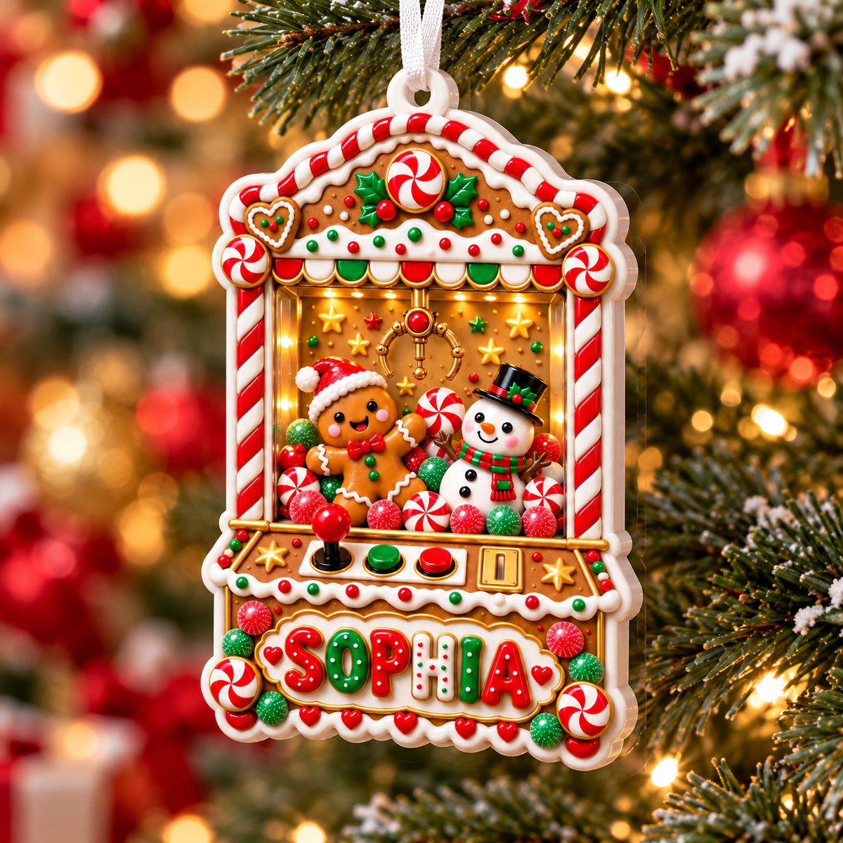 Christmas Gingerbread Claw Machine Acrylic Hanging Holiday Decoration - 3D Relief Ornament