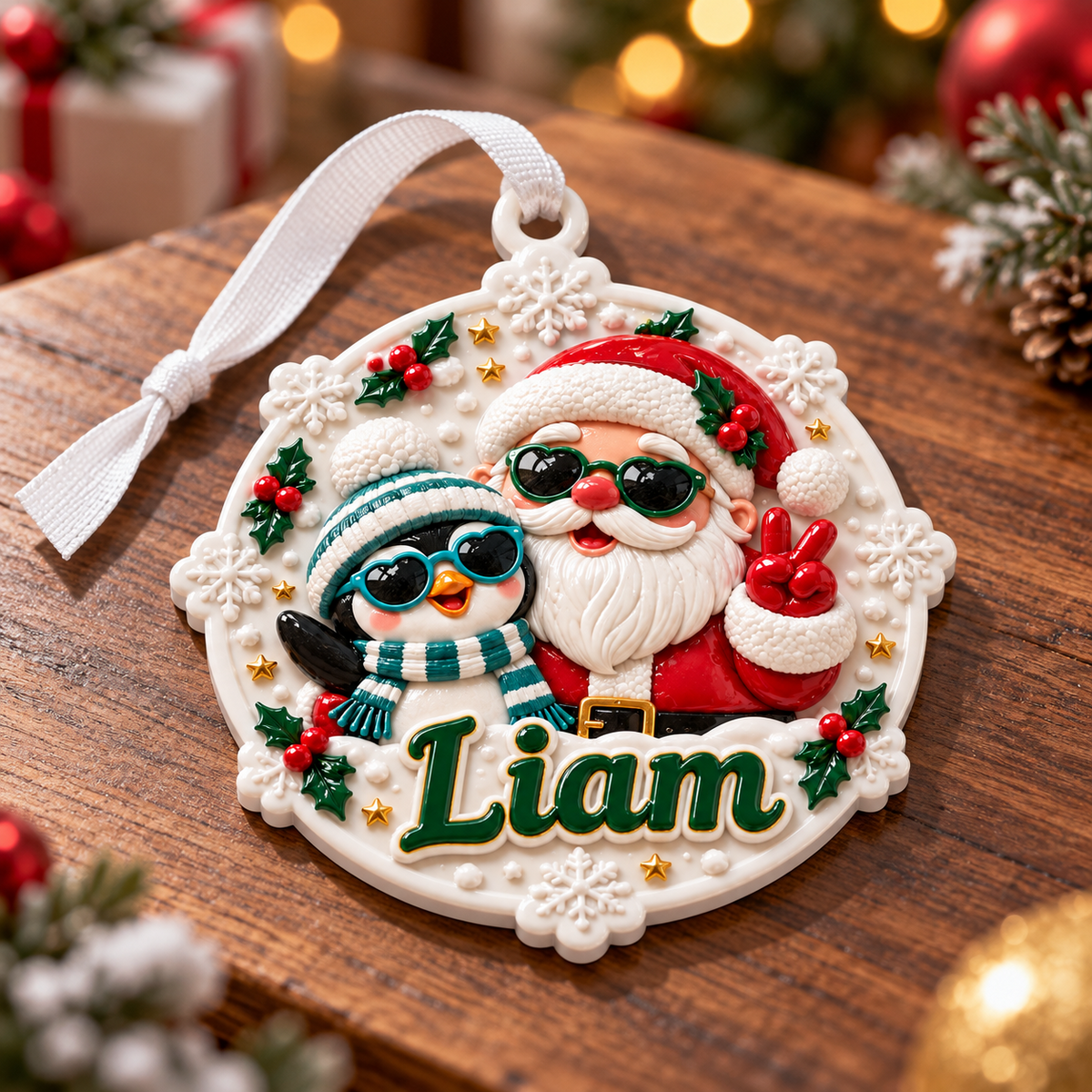 Santa Claus and Penguin Snowflake Holiday Medallion - 3D Relief Ornament