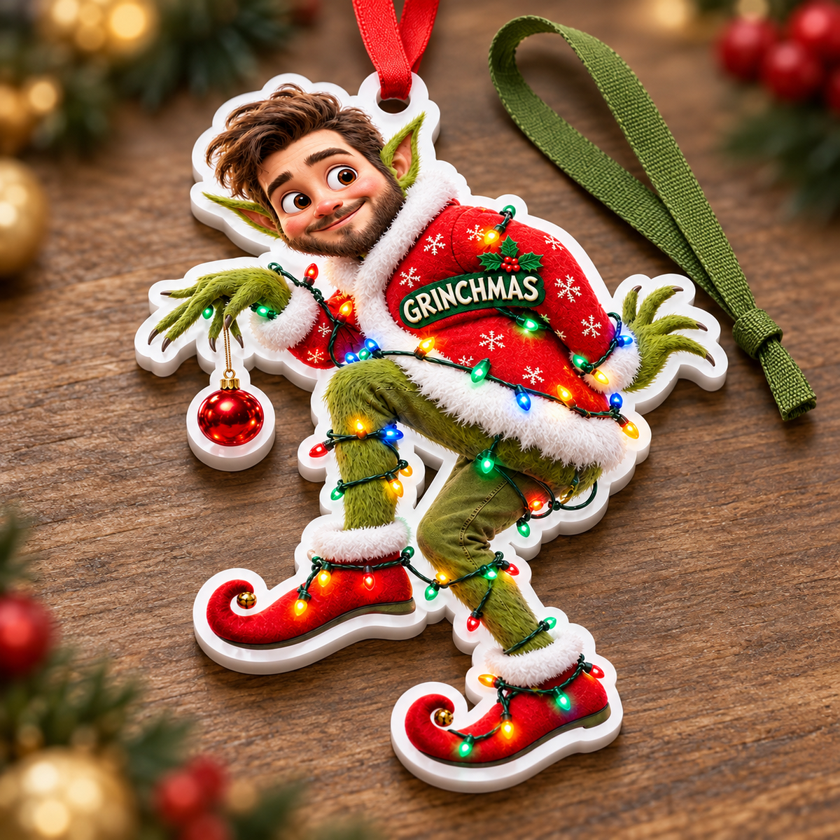 Stealthy Green Elf in Santa Coat with Christmas Lights Hanging Acrylic Bauble - 3D Relief Ornament