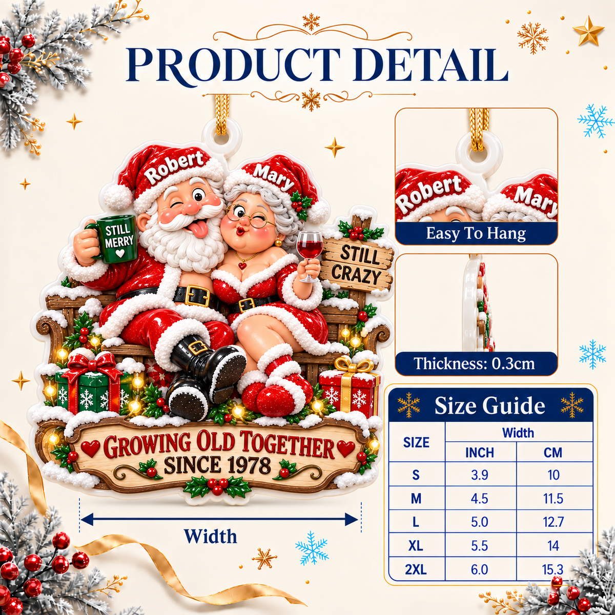 Santa Couple Christmas Hanging Keepsake with Growing Old Together Banner - 3D Relief Ornament
