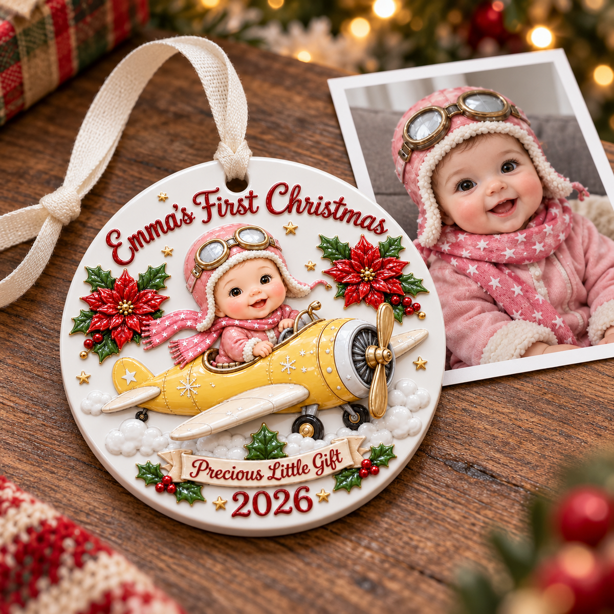 Baby Pilot in Yellow Airplane Holiday Keepsake Disc - 3D Relief Ornament