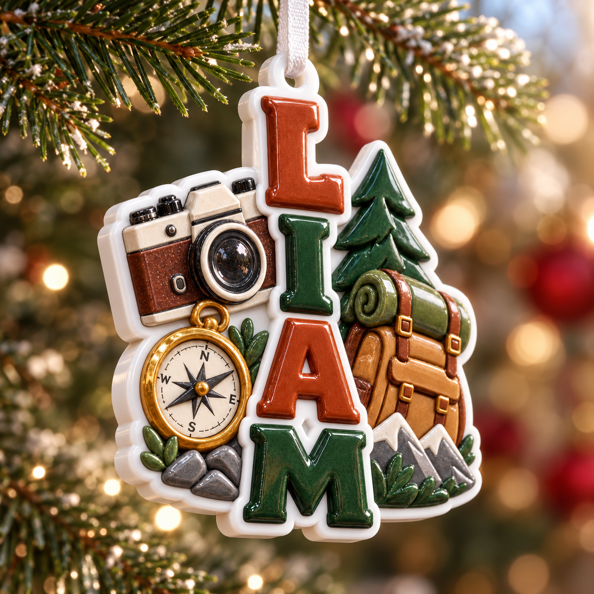 Hiking Adventure Ceramic Holiday Keepsake with Camera Compass and Backpack - 3D Relief Ornament
