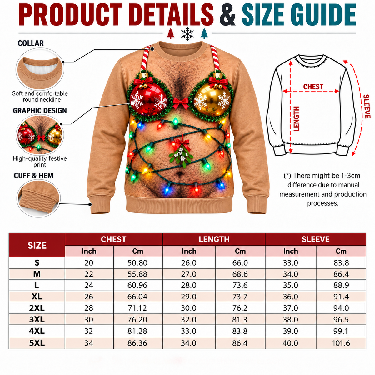 Funny Christmas Sweatshirt Hairy Chest Bikini Graphic Tan Pullover