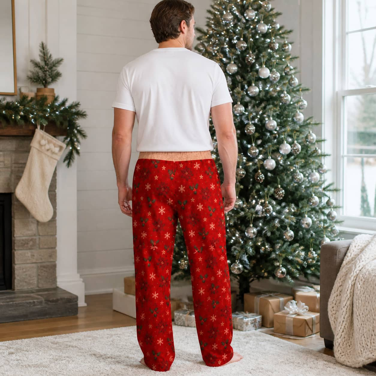 Mens Christmas Pajama Pants Novelty Zipper Print Holiday Loungewear